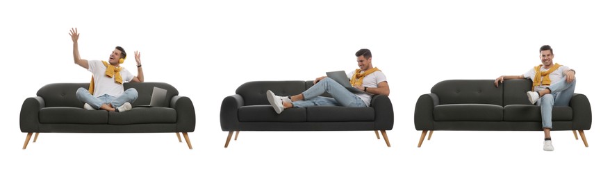 Image of Man resting on stylish sofa against white background, collage. Banner design 