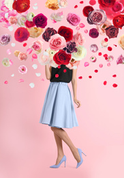 Creative spring fashion composition. Posing girl and flowers splash
