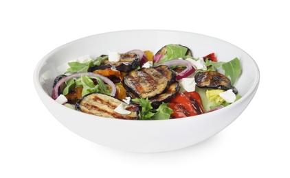 Photo of Delicious salad with roasted eggplant, cheese and arugula isolated on white