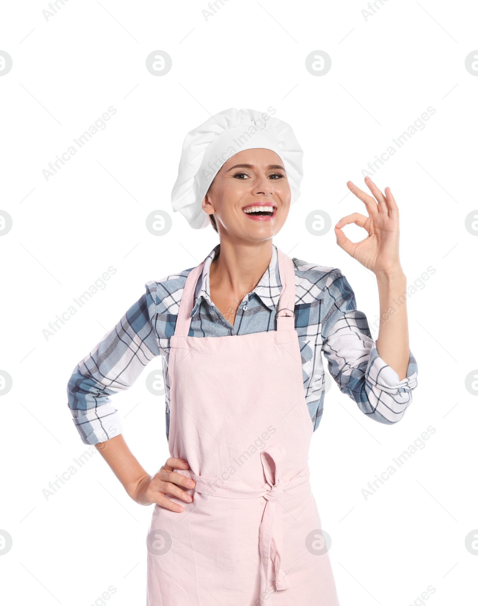 Photo of Female chef showing perfect sign on white background