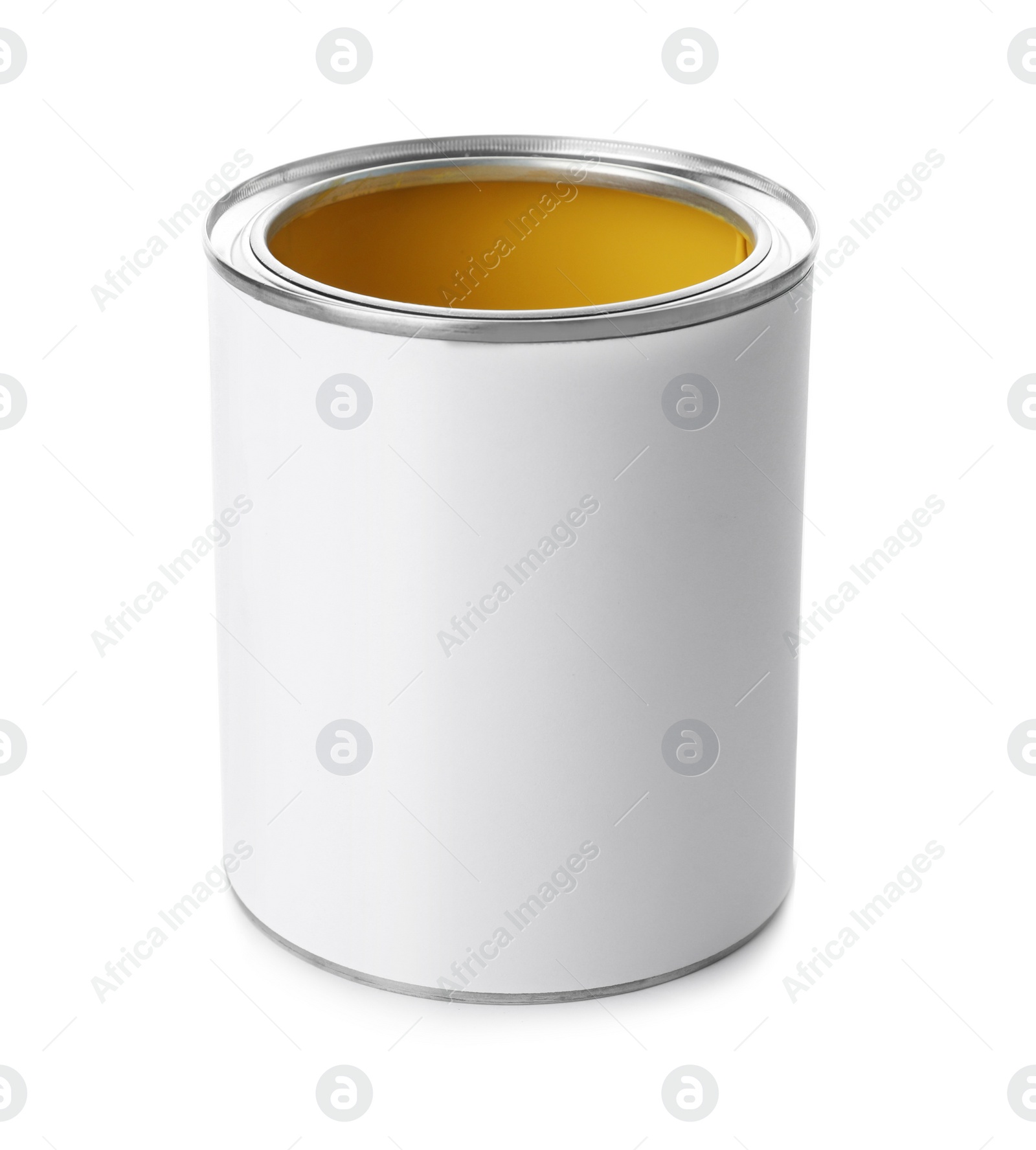 Photo of Open paint can on white background. Mockup for design