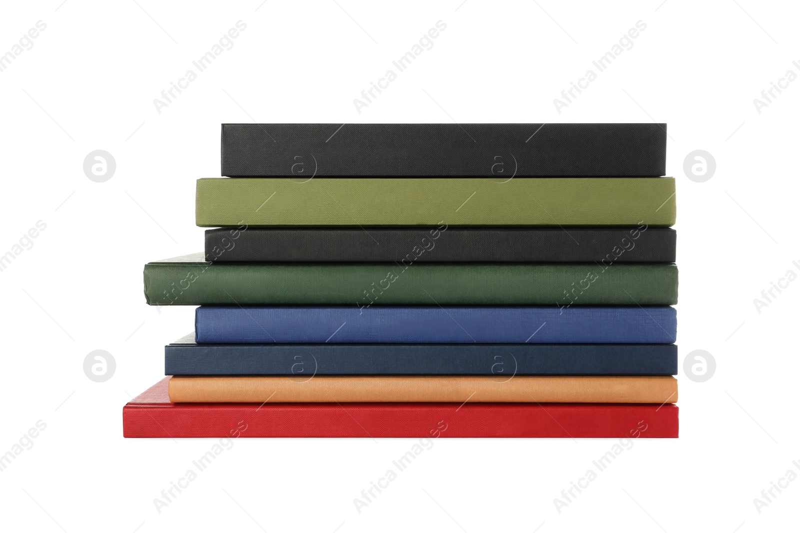 Photo of Many different books stacked on white background