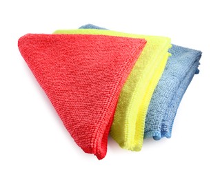 Photo of Colorful car wash cloths on white background