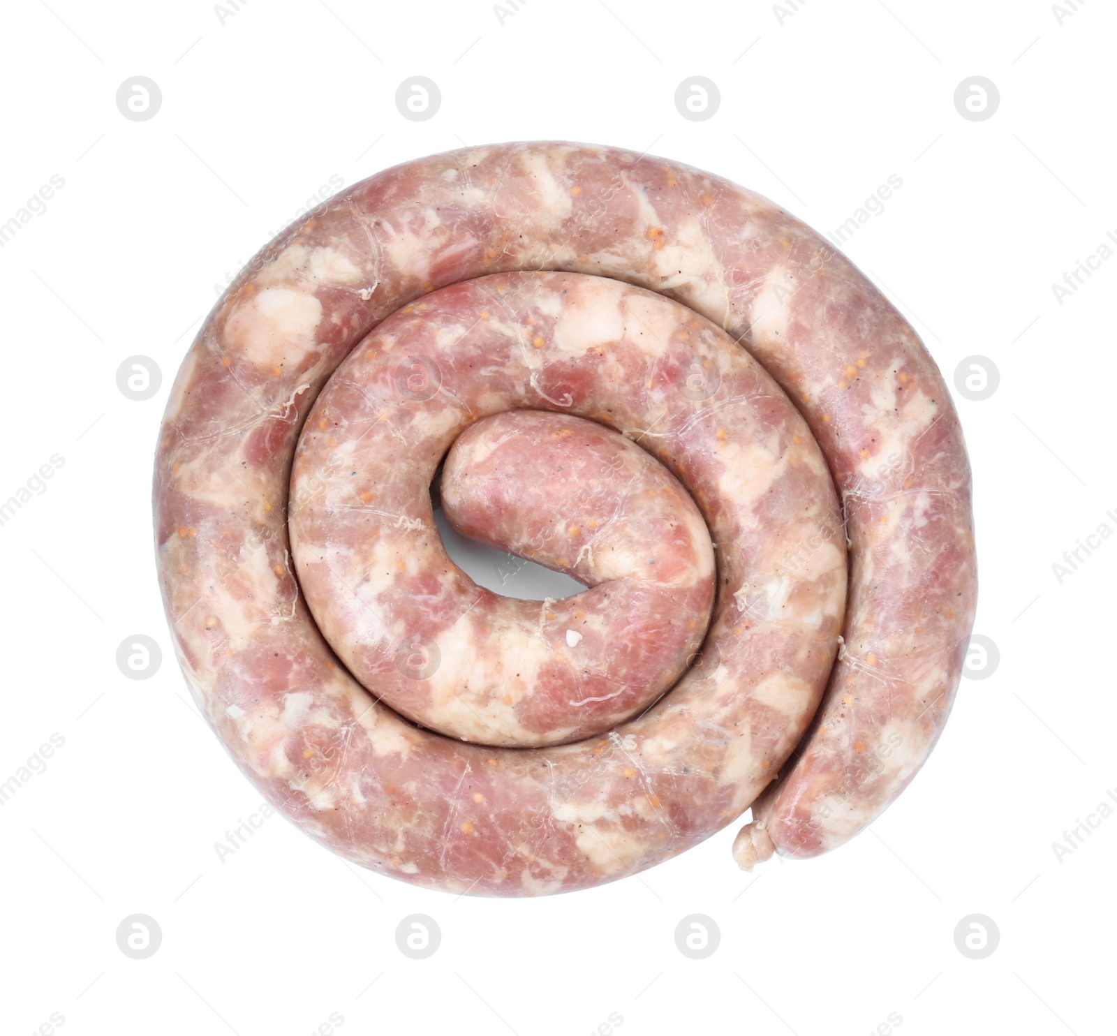 Photo of One ring of homemade sausage isolated on white, top view