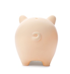 Photo of Cute piggy bank on white background. Money saving