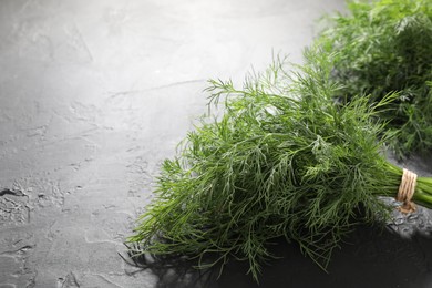 Bunches of fresh dill on grey textured table, closeup. Space for text