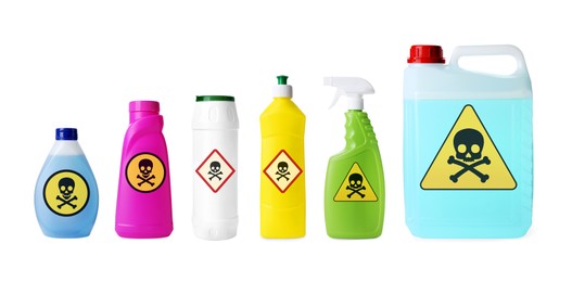 Image of Set with different toxic household chemicals with warning signs on white background