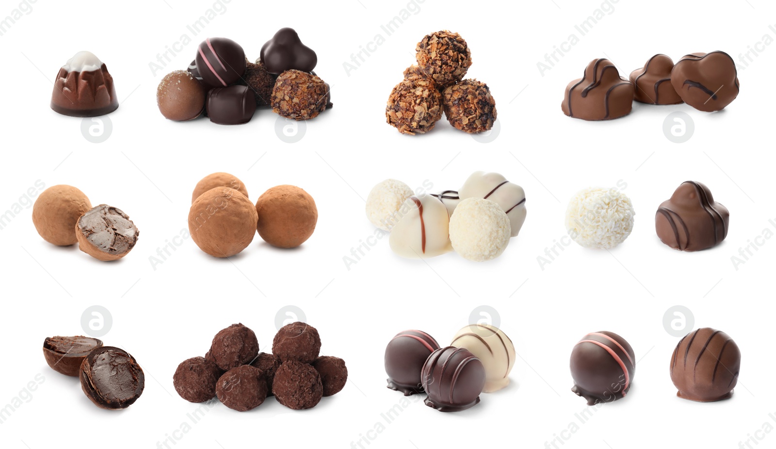 Image of Set with different chocolate candies on white background