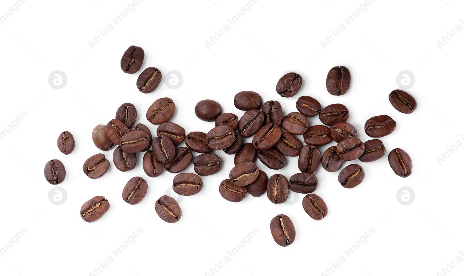 Photo of Roasted coffee beans on white background, top view