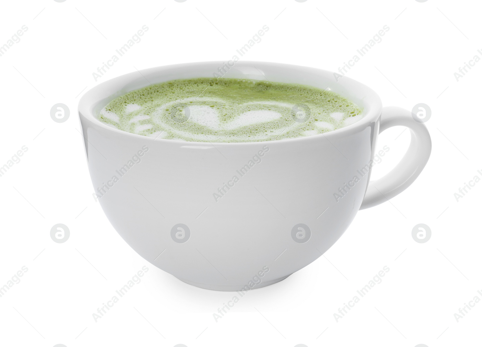 Photo of Delicious matcha latte in cup on white background