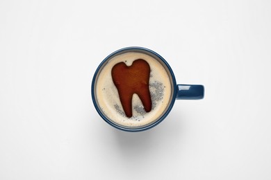 Image of Coffee causing dental problem. Cup of hot drink on white background, top view