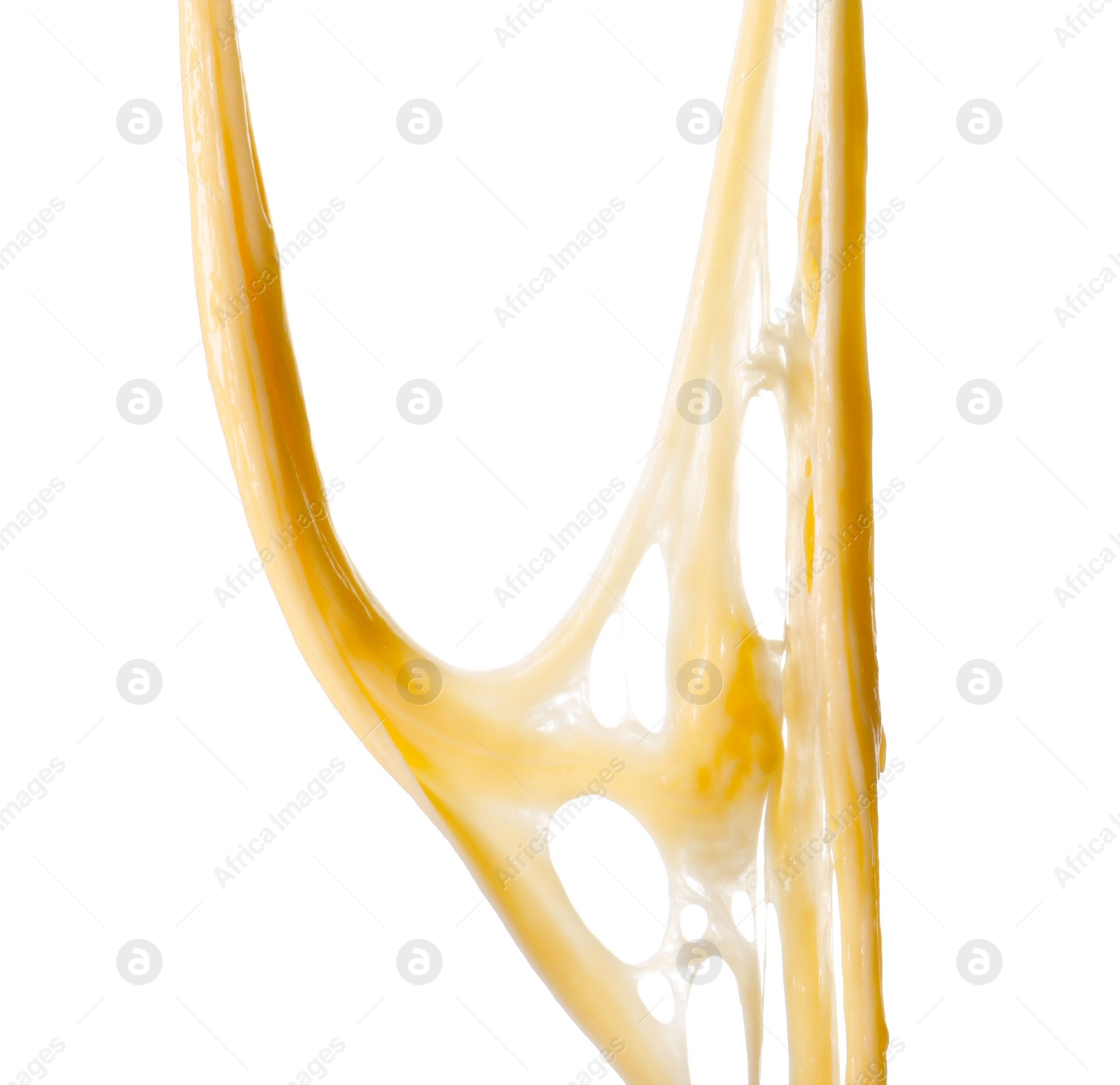 Photo of Stretching delicious melted cheese isolated on white