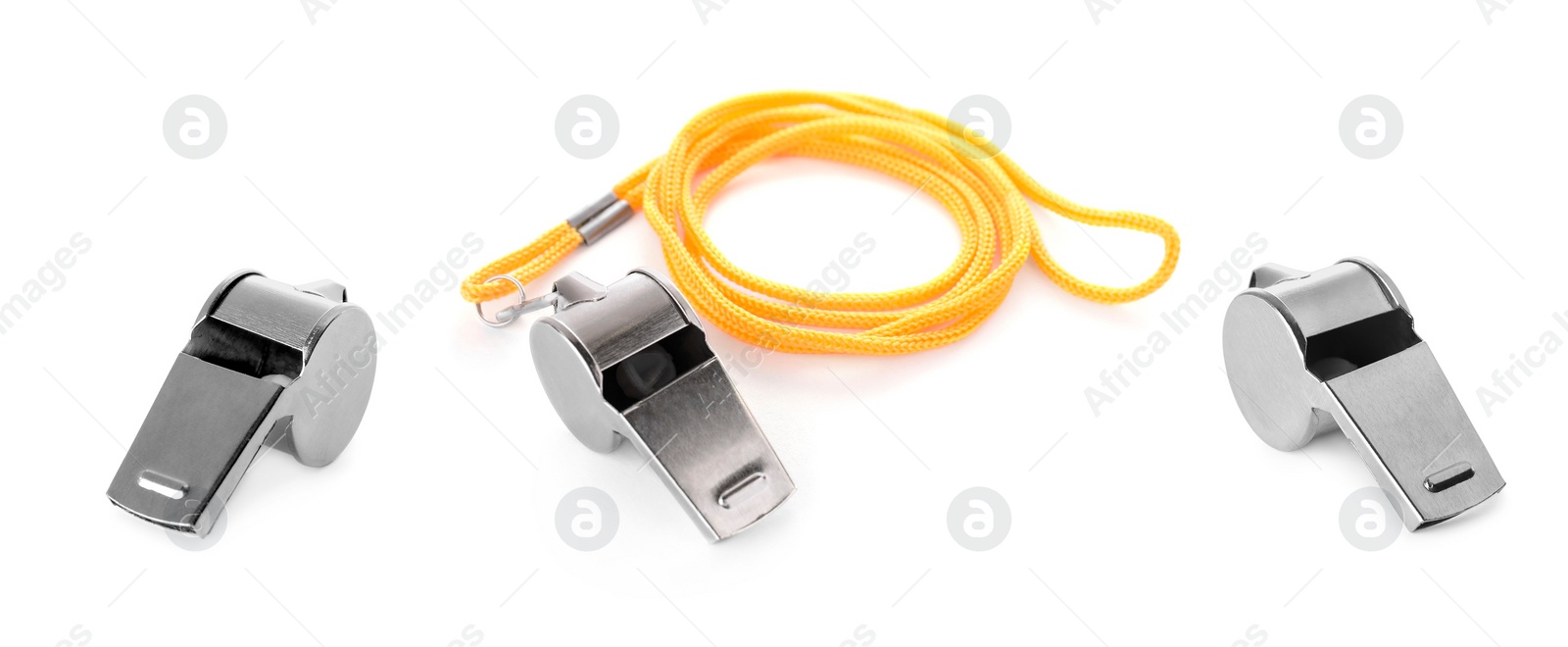 Image of Metal whistle with cord isolated on white, set