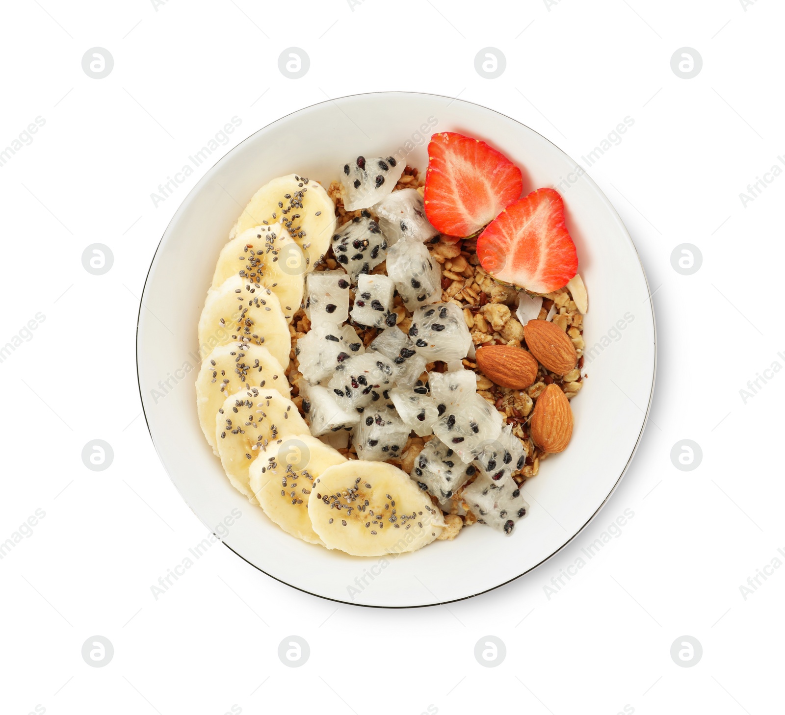 Photo of Bowl of granola with pitahaya, banana and strawberry on white background, top view