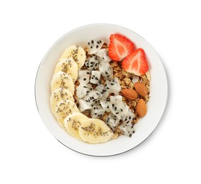 Bowl of granola with pitahaya, banana and strawberry on white background, top view