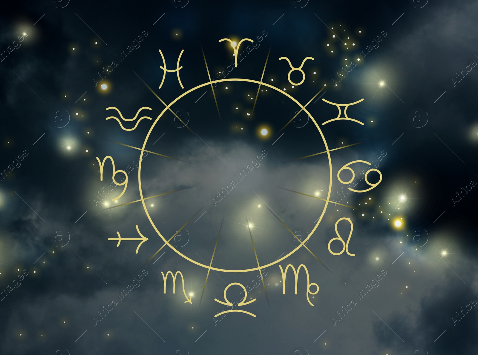 Image of Illustration of night sky with stars and zodiac wheel