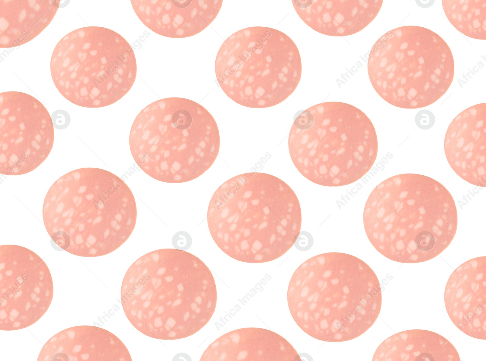 Image of Slices of tasty boiled sausage on white background