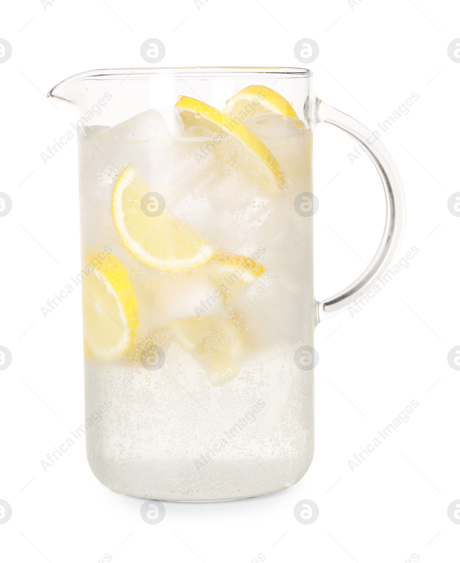 Photo of Freshly made lemonade in jug isolated on white