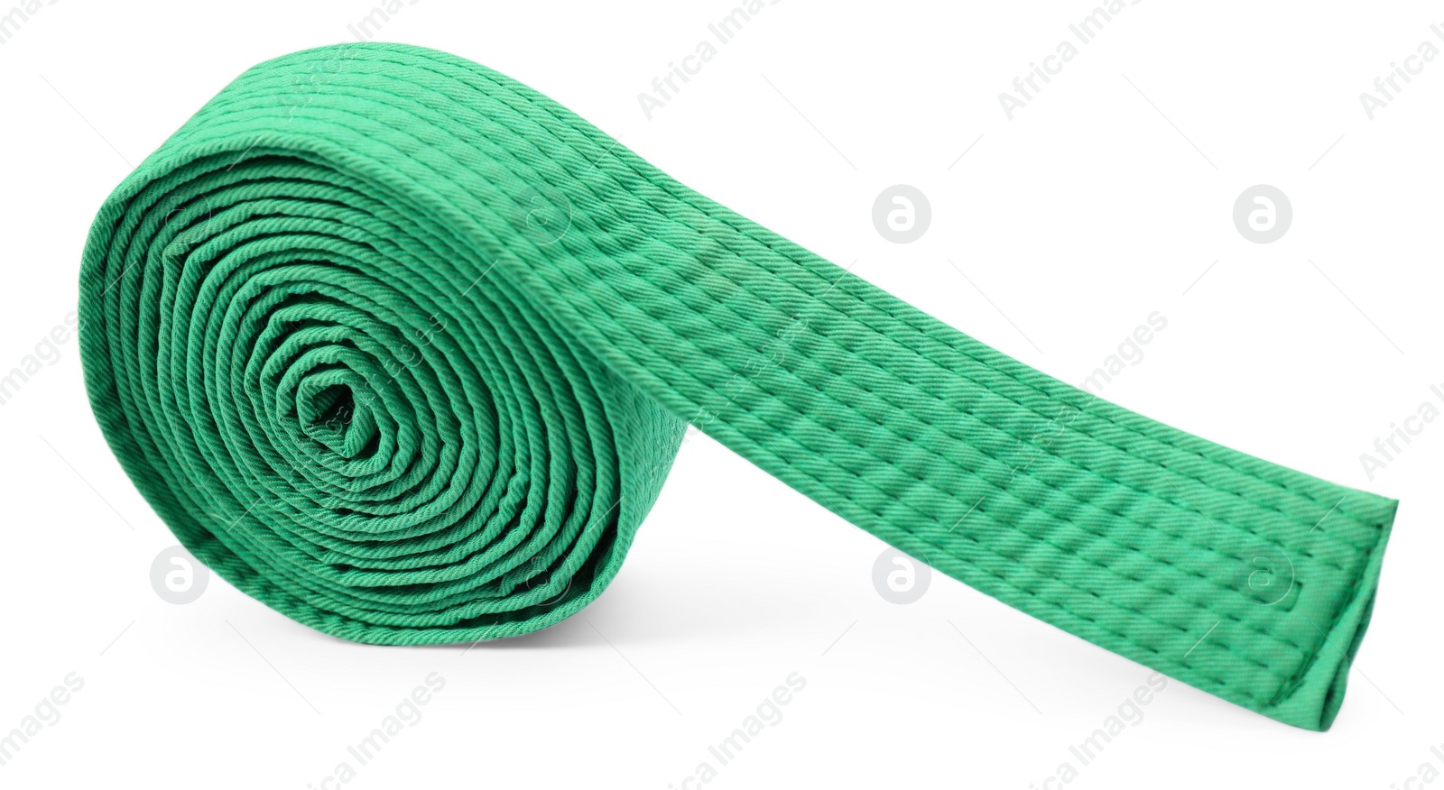 Photo of Green karate belt isolated on white. Martial arts uniform