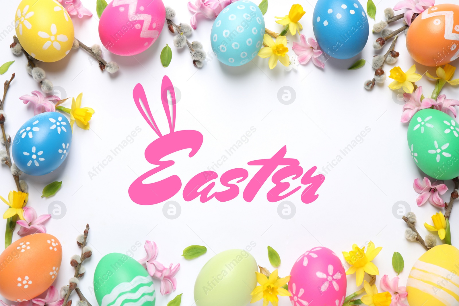 Image of Flat lay composition with bright eggs and word Easter on white background, flat lay