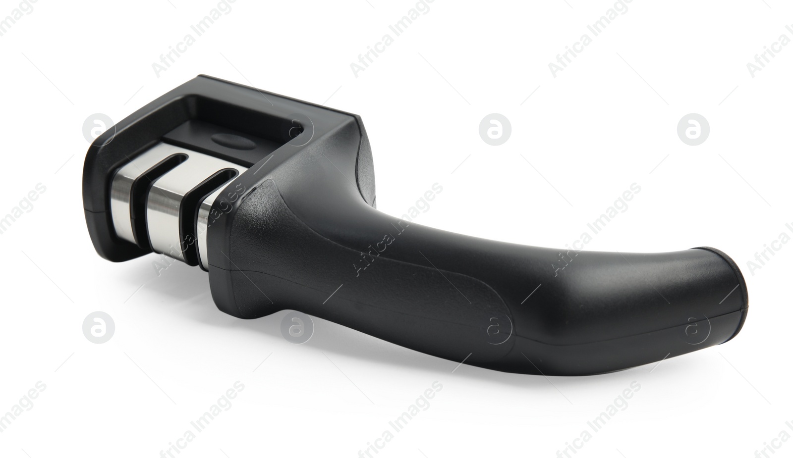 Photo of Modern black handheld sharpener isolated on white