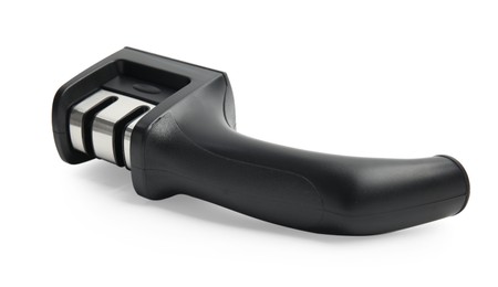 Photo of Modern black handheld sharpener isolated on white