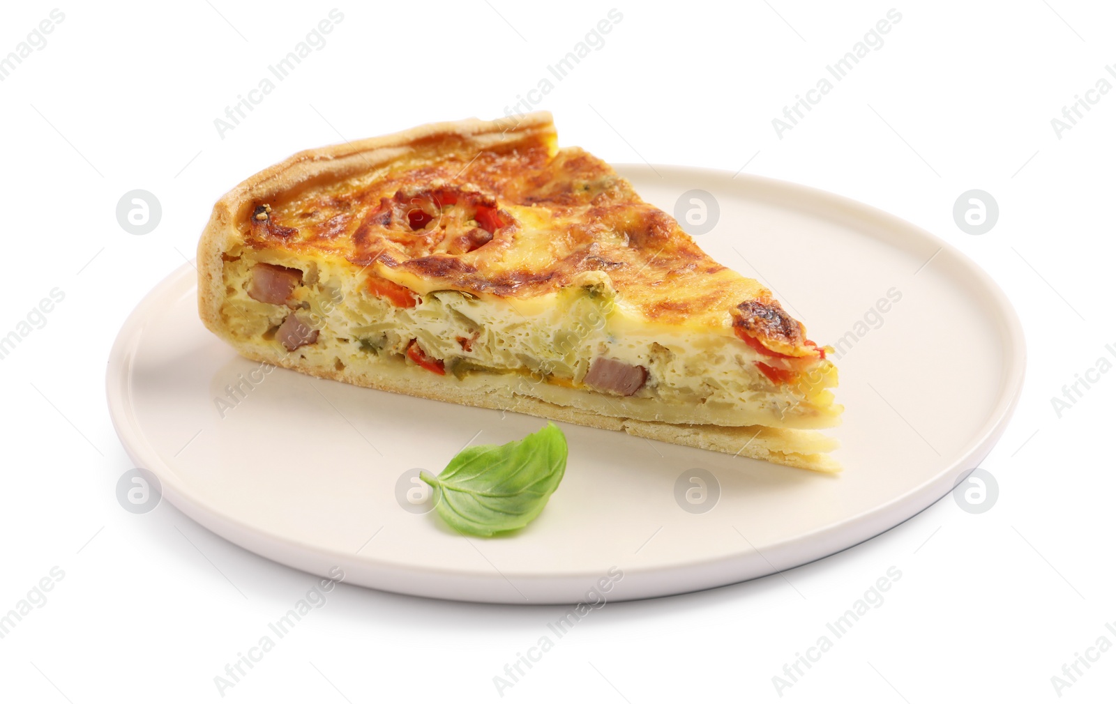 Photo of Piece of delicious homemade vegetable quiche isolated on white