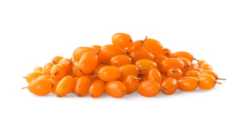 Photo of Fresh ripe sea buckthorn berries on white background