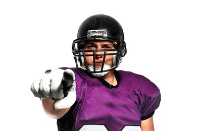 Photo of American football player wearing uniform on white background