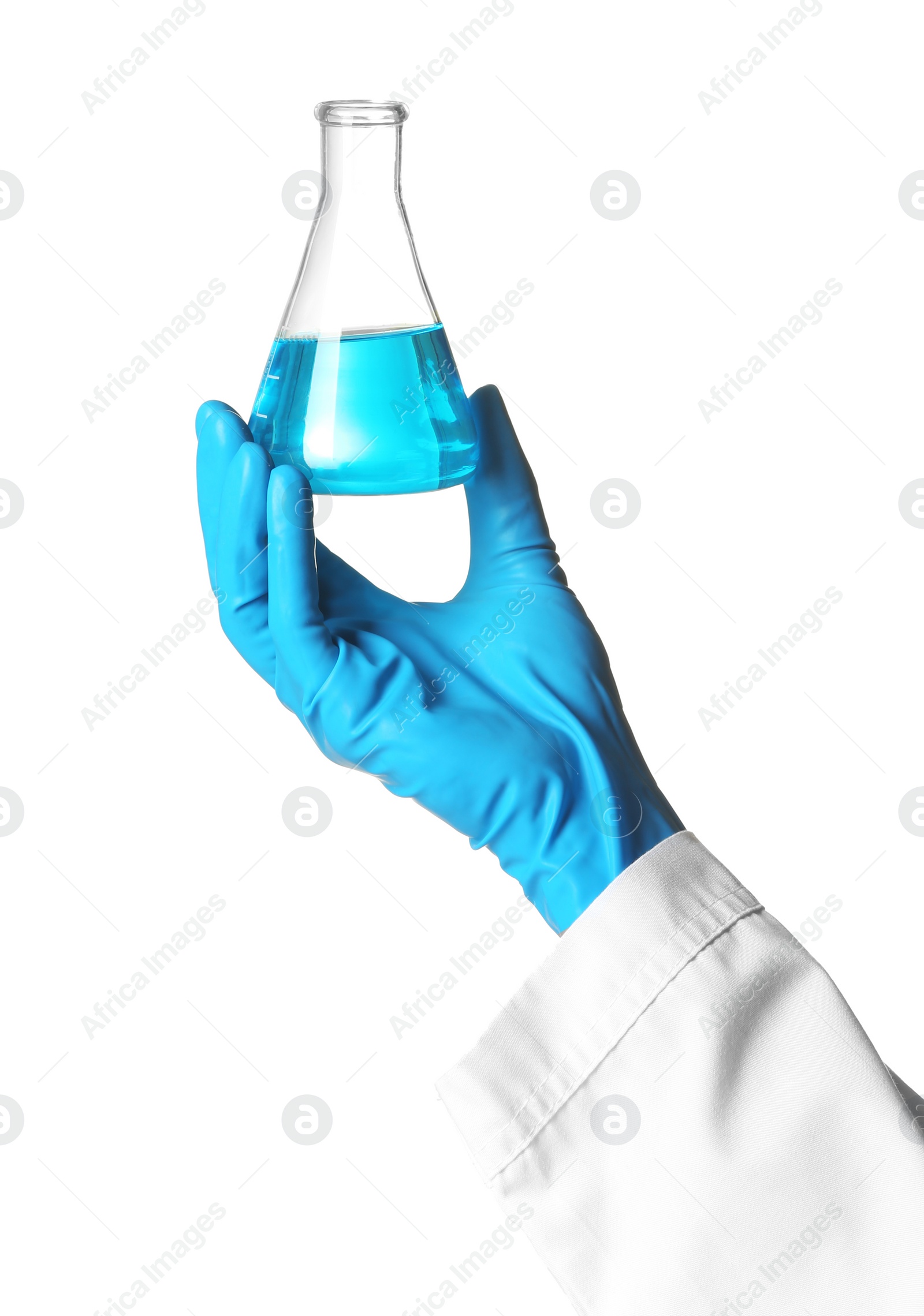 Photo of Scientist holding glass flask with liquid on white background. Chemical research