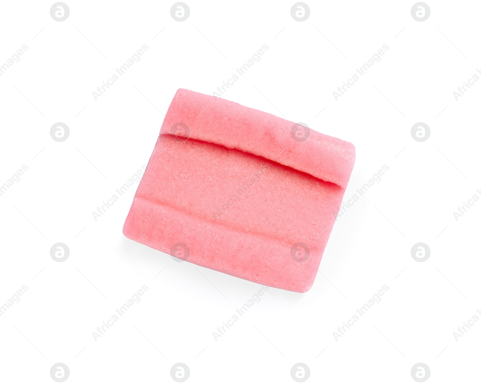 Photo of One tasty pink bubble gum isolated on white, top view