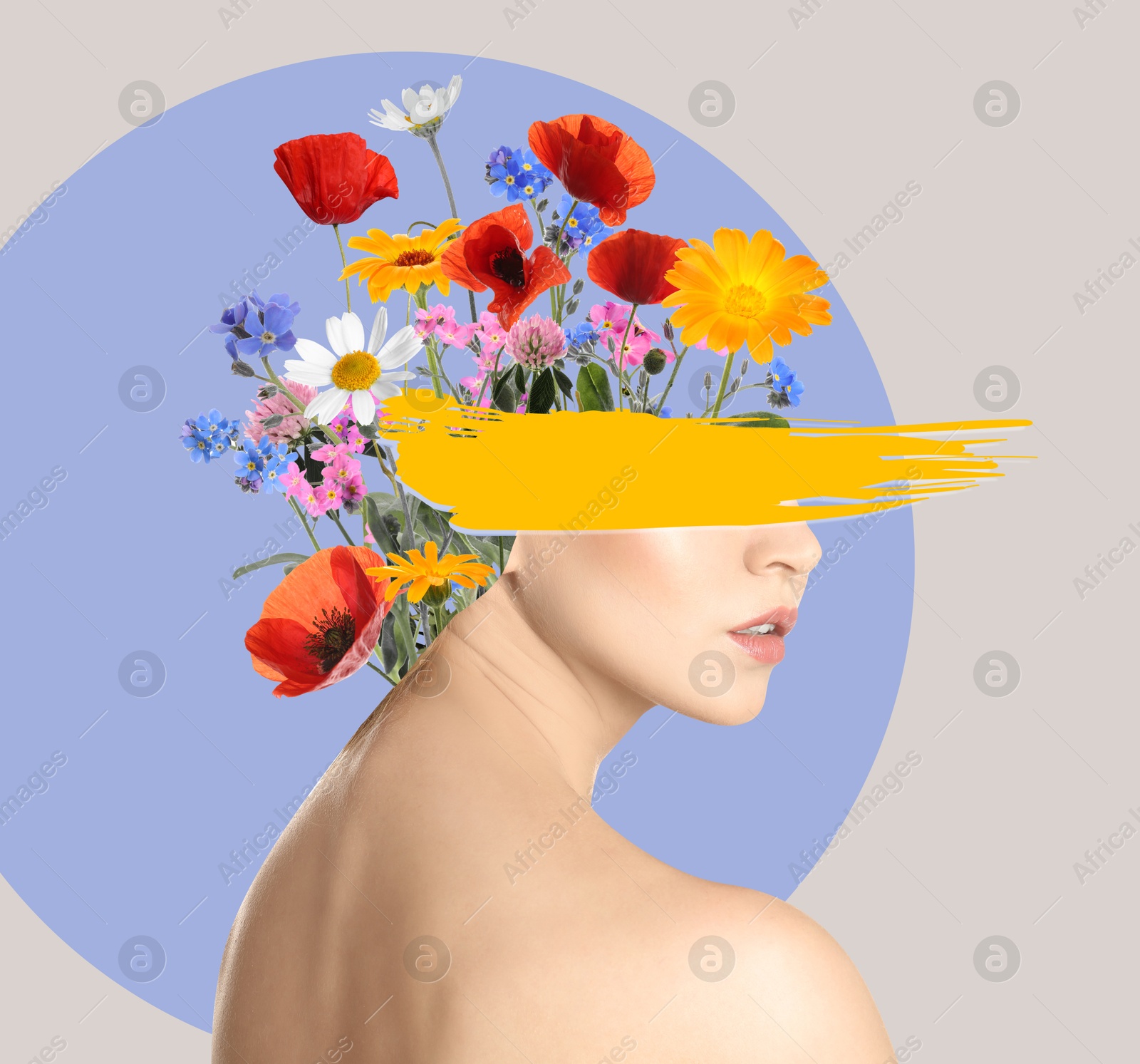 Image of Creative art collage with beautiful meadow flowers and woman on color background