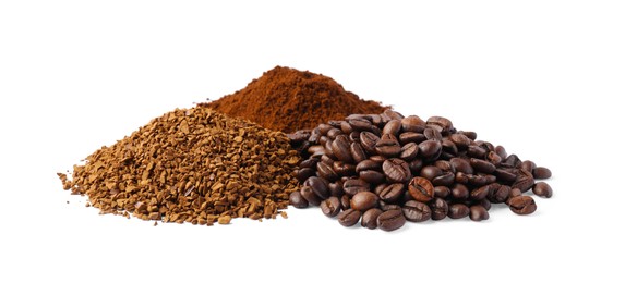 Photo of Beans, instant and ground coffee on white background