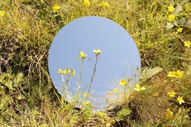 Photo of Spring atmosphere. Round mirror among grass and flowers on sunny day