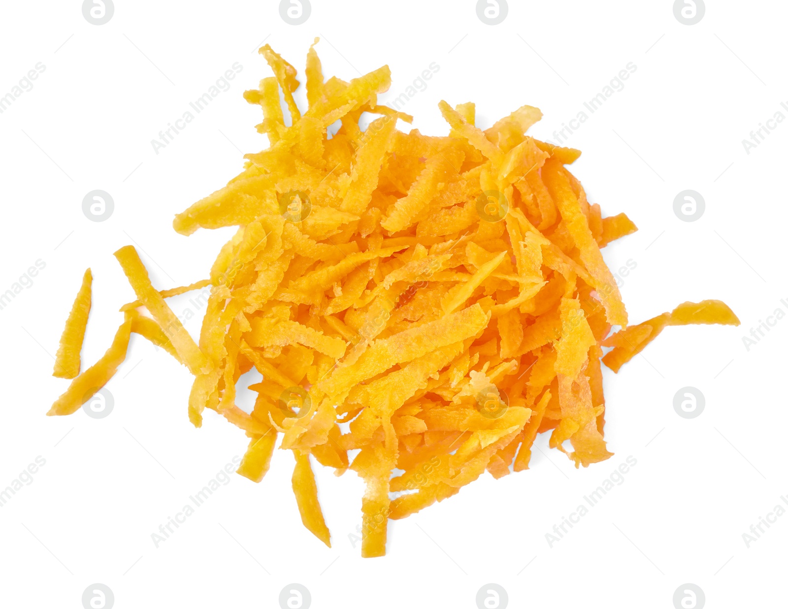 Photo of Pile of fresh grated carrot on white background, above