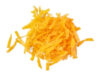 Photo of Pile of fresh grated carrot on white background, above