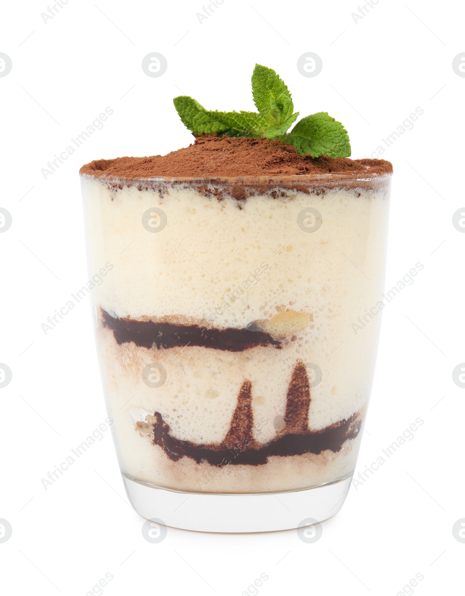 Photo of Delicious tiramisu cake in glass with mint isolated on white