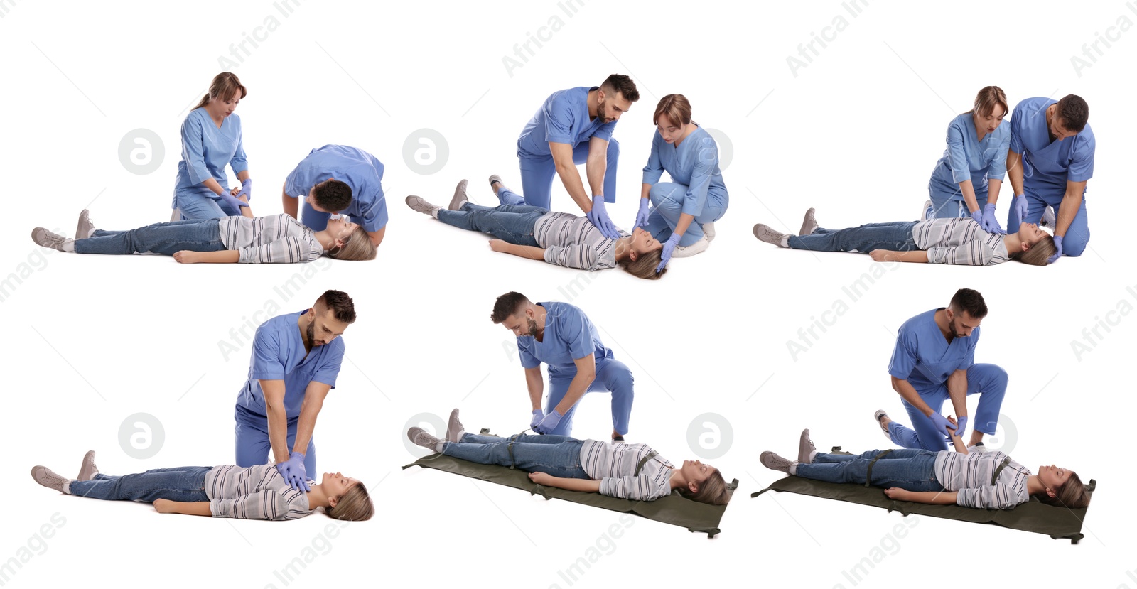 Image of Doctors performing first aid on unconscious woman against white background, collage. Banner design