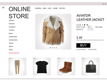 Image of Online store website page with leather jacket and information. Image can be pasted onto laptop or tablet screen