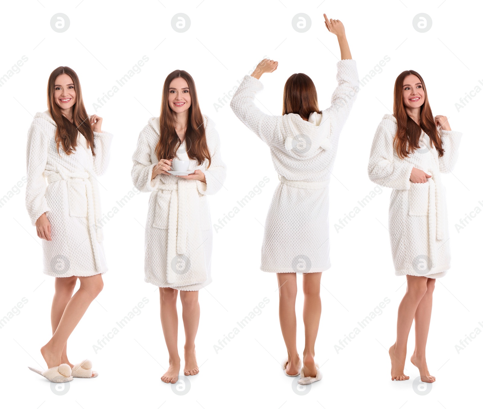 Image of Woman wearing bathrobe on white background, collage 