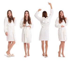 Image of Woman wearing bathrobe on white background, collage 