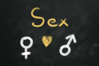 Illustration of Sexual education. Chalked word Sex, heart, female and male gender signs on blackboard