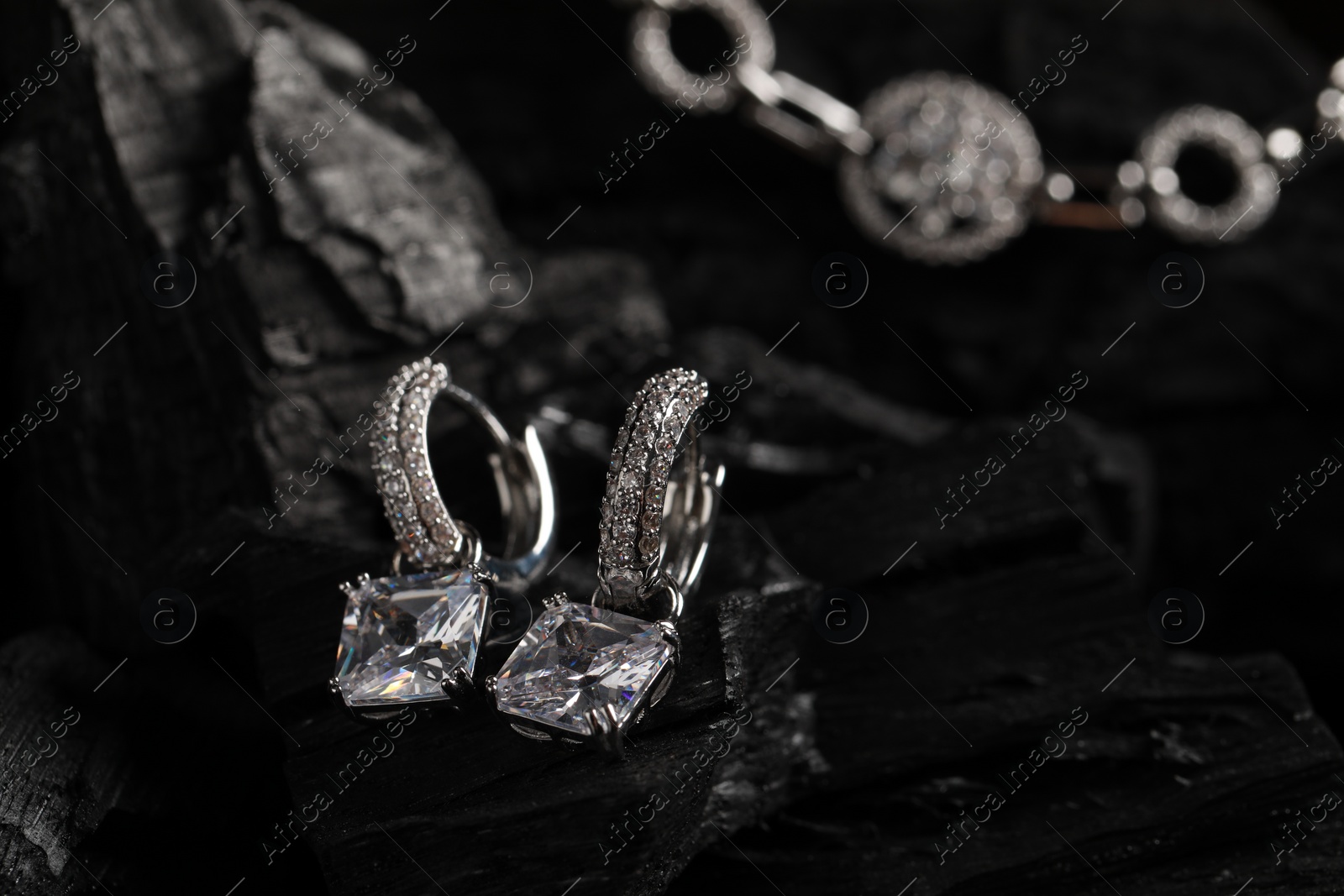 Photo of Luxury jewelry. Stylish presentation of elegant earrings on coal, closeup