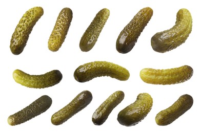 Image of Tasty pickled cucumbers isolated on white, set