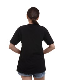 Photo of Woman in stylish black t-shirt on white background, back view