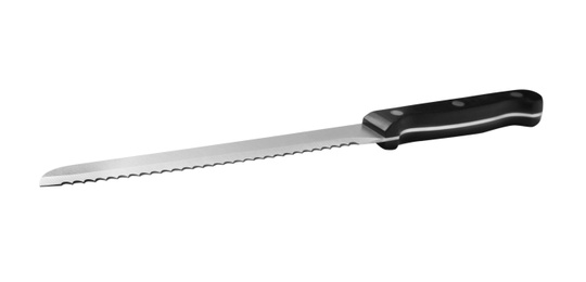 Photo of Bread knife with black handle isolated on white