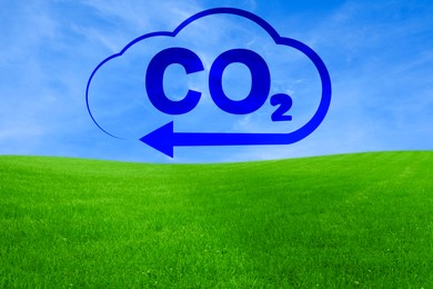 Image of Concept of clear air. CO2 inscription in illustration of cloud with arrow and beautiful meadow