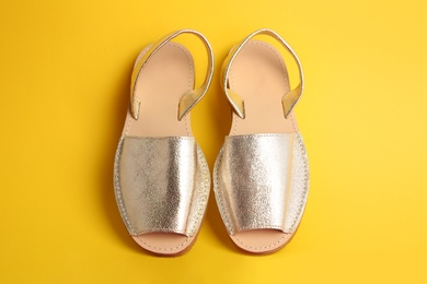 Photo of Pair of female shoes on color background