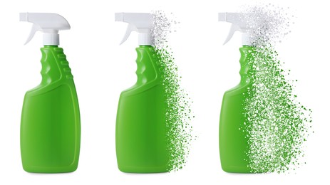 Image of Green spray bottle vanishing on white background, set. Plastic decomposition