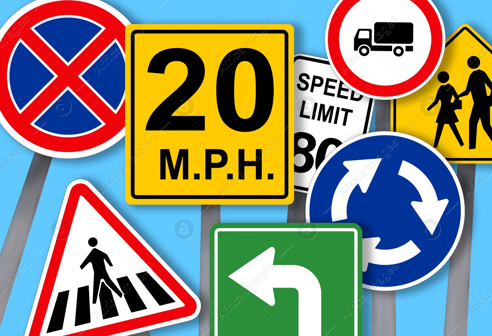 Image of Collection of different traffic signs on turquoise background